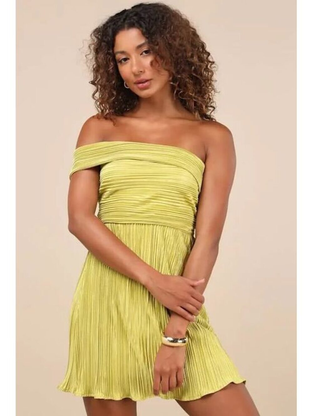 Lulus Chartreuse Plisse One Shoulder Mini Dress L